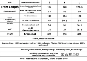 Detailed size chart for fringe wool-blend coat with measurements and fabric details