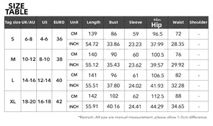 Detailed size chart for elegant one-shoulder evening gown with slit and measurements
