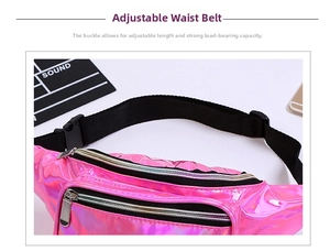 Detail of adjustable nylon strap and high-load plastic buckle on the laser pink waist bag