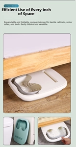 Space-saving foldable foot bath tub shown stored under bed and next to toilet