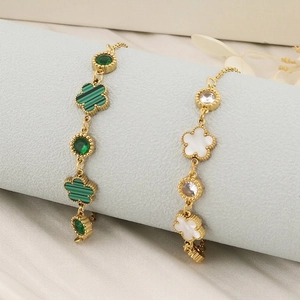 Floral Clover Bracelet Stainless Steel Gold Plated Cubic Zirconia Shell Charm Jewelry For Women Elegant Delicate Gift
