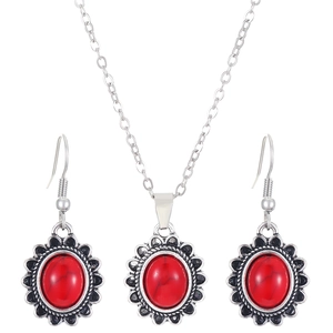 Bohemian vintage jewelry set with red turquoise floral necklace and matching earrings