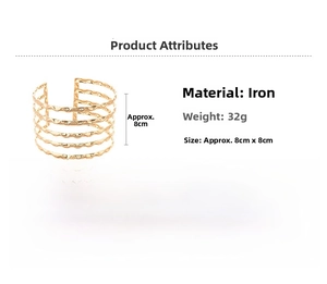 Detailed specs of golden multi-layer wave arm cuff made of iron, 32g weight, 8cm width