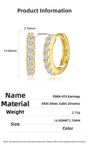 Detailed specs of S925 silver hoop earrings with cubic zirconia and 18K gold finish
