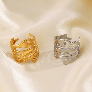 Irregular lava style liquid metal stainless steel layered rings in gold and silver