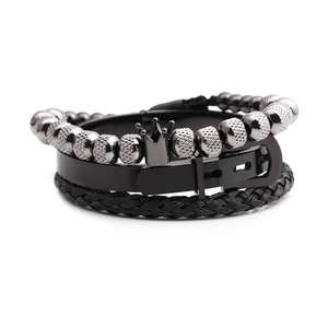 Three-piece men's black crown bead and woven leather bracelet set in gunmetal finish