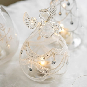 Luminous glass angel Christmas decoration with white glitter and beads for home decor
