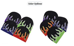 Detail showing color selection of flame jacquard knit beanies in various vibrant styles