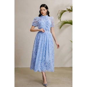 Light blue lace midi dress with stand collar ruffle front and puff sleeves for summer
