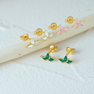 Macro shot of S925 silver marquise-cut zircon butterfly stud earrings in three colors
