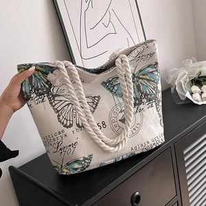 Women Canvas Tote Bag With Thick Rope Handles Large Capacity Printed Shoulder Bag For Beach Casual Vacation