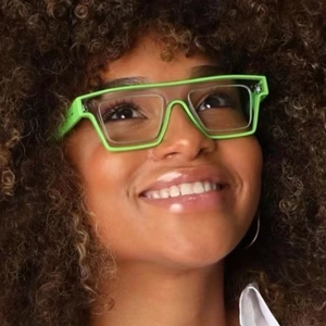 Detail view of bold neon green TR90 double-frame glasses with unique layered square design