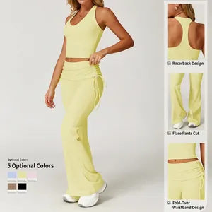 Women's yellow yoga set featuring a V-neck racerback top and flared drawstring pants