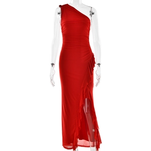 Elegant red one-shoulder maxi dress with side slit and waist-slimming fit for women