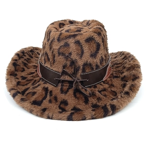 Detail of leopard print faux fur cowboy hat featuring a leather band with bow knot