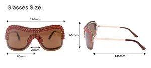 Detailed size chart for rimless rhinestone sunglasses showing all frame dimensions