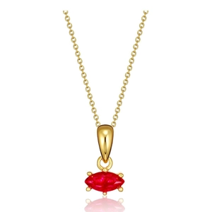 Gold marquise-cut red birthstone necklace with four-prong setting on white background