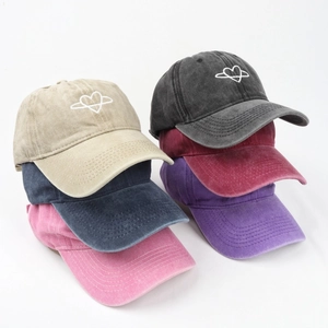 Washed Cotton Baseball Cap Heart Planet Embroidery Distressed Retro Casual Sun Hat Adjustable For Women Men