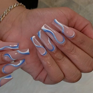 Blue White Wave Line Press On Nails Long Coffin Shape Artificial False Nail Tips For Women Trendy Daily Wear Manicure