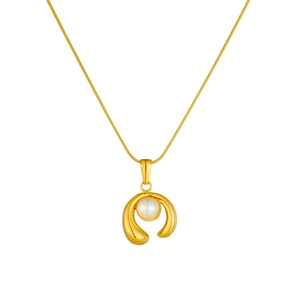 Minimalist gold necklace with a curved metal pendant featuring a white pearl inlay
