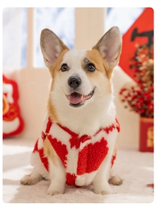 Detail der rot-weißen Fleece-Hundeweste für mittlere Hunde an einem Corgi-Modell