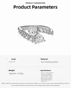 Detailed spec sheet of S925 silver ring featuring two heart-shaped 0.5ct zircons