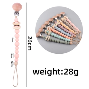 Silicone and wood baby pacifier clip with colorful beads and 26cm safety chain length