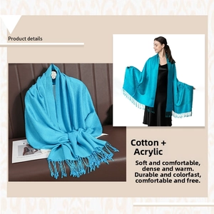 Detail of bright blue scarf with long fringe showing cotton acrylic blend texture