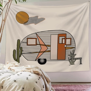 Minimalist boho tapestry with retro camper and sun art for modern home wall decor