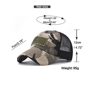 Detailed size specifications for camouflage baseball cap with USA flag and mesh back
