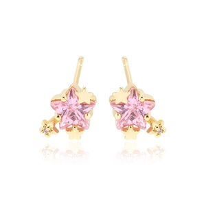 Chic 18k gold star earrings with pink star gemstone and micro-inlaid zircon accents