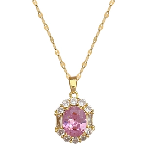 Elegant gold necklace with oval pink gemstone pendant surrounded by white cubic zirconia