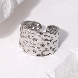 Minimalist silver irregular hammered texture wide band open ring in stainless steel