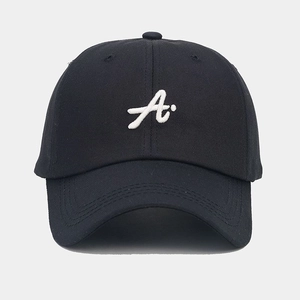 Close-up of 3D letter A embroidery on high-quality black cotton baseball cap