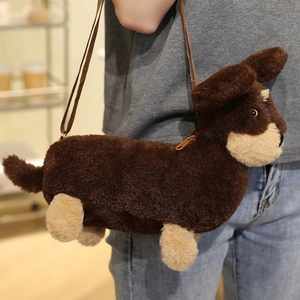 Cute dachshund plush crossbody bag with realistic fur texture and fabric strap for women