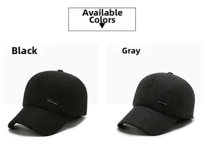 Detail view of winter baseball caps in black and grey with wool-like fabric and ear flaps