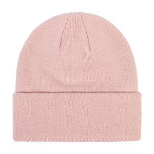 Detailed view of a soft pink knitted beanie hat featuring a classic folded cuff design