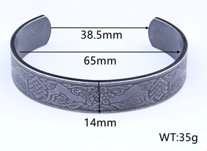 Detailed size specifications for the vintage double dragon steel open cuff bracelet