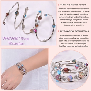 Detail of BOHO multi-layer wrap bracelet featuring natural stone beads and metal accents