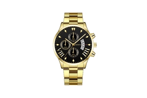 Macro view of gold chronograph watch with black dial and three sub-dials and date window