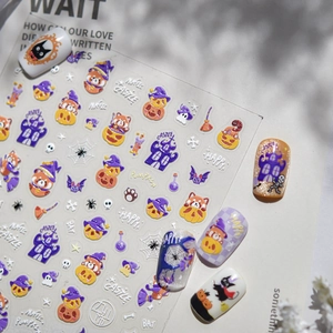 Feuille de stickers nail art Halloween avec motifs citrouilles, fantômes et châteaux