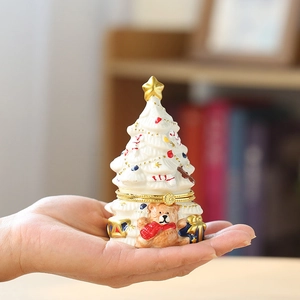Hand-painted ceramic Christmas tree jewelry box with teddy bear and golden star details
