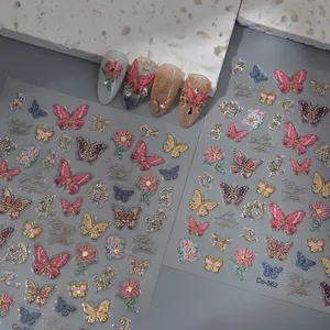 Autocollants Pour Ongles Papillon Relief 5D Estampage Or Motif Fleur Gaufré Auto-Adhésifs Imperméables Pour Femmes Filles