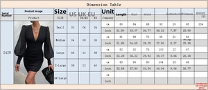 Tableau des tailles détaillé pour robe crayon à manches longues et col en V en cm et pouces