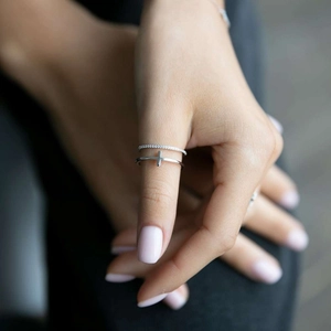 Double-layered 925 sterling silver rings with cross design and sparkling zircon stones