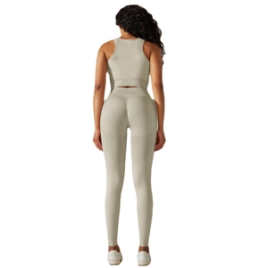 Damen Yoga-Set nahtlos hoch tailliert mit Sport-BH und Leggings in Hellgrau meliert