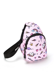 Detailed view of kids unicorn chest bag featuring pink fabric and adjustable strap
