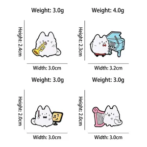 Cartoon white cat enamel pins playing musical instruments set in four different styles