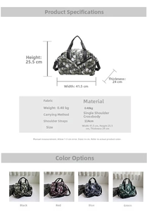 Detailed size chart for the floral skull travel bag with shoulder strap dimensions