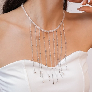 Close-up of glass crystal beaded choker with long silver tassel chains on model